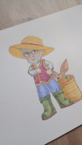 Bild eines Mannes mit Strohhut, neben ihm ein Korb mit Möhren und ein Kaninchen, das sie stehlen will.