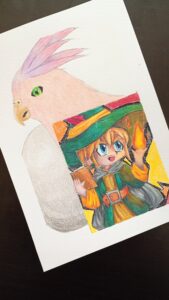 Ein Bild mit einem Gnom, der eine Flamme zaubert. Im Hintergrund ein Ei und ein rosafarbener Vogel.
Plotbunny: Gnom und Phönix
